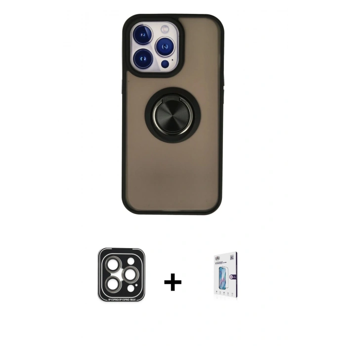 MARSİLYAN™- iPhone 15 Pro Max Kılıf Yörünge Çizgi - Siyah Bilvis 0.18mm Plus Cam Ekran Koruyucu + PVD Metal Kamera Lens - GI