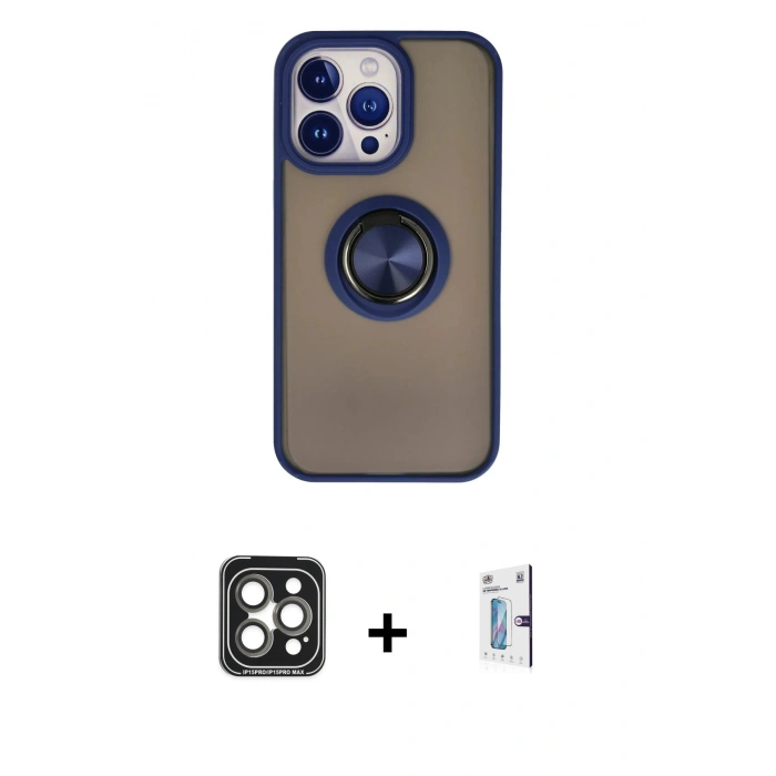 MARSİLYAN™- iPhone 15 Pro Max Kılıf Yörünge Çizgi - Siyah Bilvis 0.18mm Plus Cam Ekran Koruyucu + PVD Metal Kamera Lens - GI