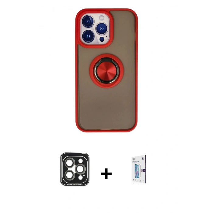 MARSİLYAN™- iPhone 15 Pro Max Kılıf Yörünge Çizgi - Siyah Bilvis 0.18mm Plus Cam Ekran Koruyucu + PVD Metal Kamera Lens - GI