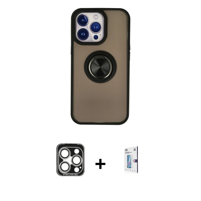 MARSİLYAN™- iPhone 15 Pro Max Kılıf Yörünge Çizgi - Siyah Bilvis 0.18mm Plus Cam Ekran Koruyucu + Gümüş PVD Metal Kamera Lens