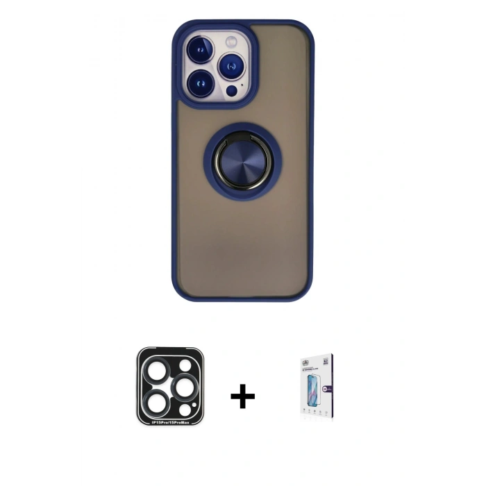 MARSİLYAN™- iPhone 15 Pro Max Kılıf Yörünge Çizgi - Siyah Bilvis 0.18mm Plus Cam Ekran Koruyucu + Lacivert PVD Metal Kamera Lens