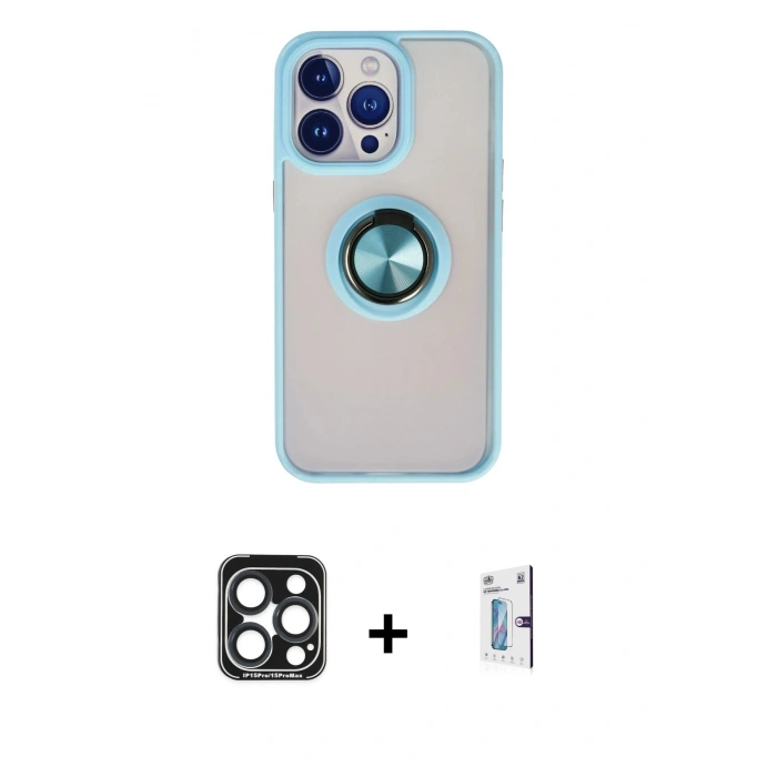 MARSİLYAN™- iPhone 15 Pro Max Kılıf Yörünge Çizgi - Siyah Bilvis 0.18mm Plus Cam Ekran Koruyucu + Lacivert PVD Metal Kamera Lens