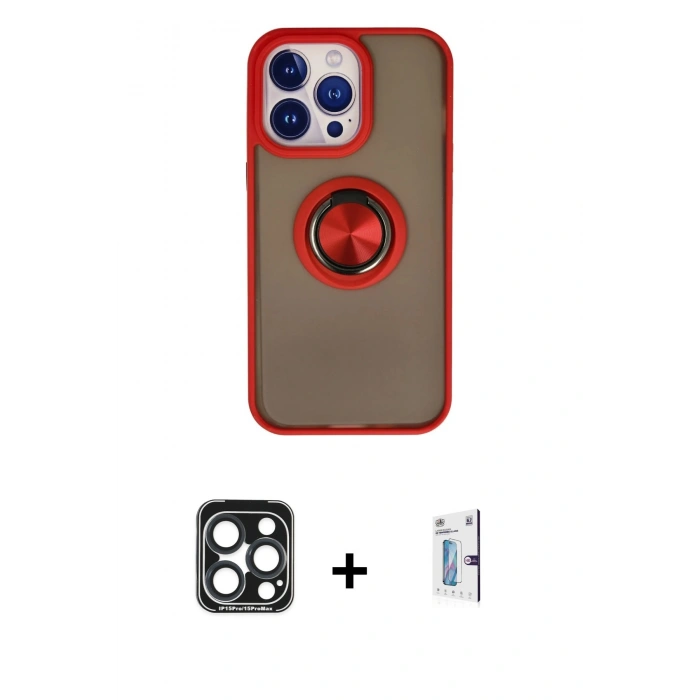MARSİLYAN™- iPhone 15 Pro Max Kılıf Yörünge Çizgi - Siyah Bilvis 0.18mm Plus Cam Ekran Koruyucu + Lacivert PVD Metal Kamera Lens