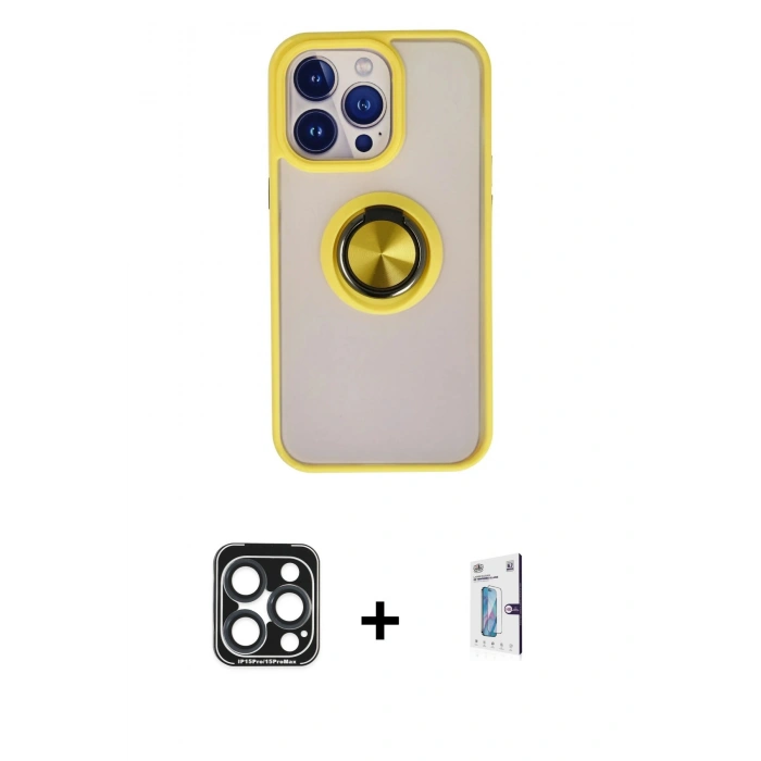 MARSİLYAN™- iPhone 15 Pro Max Kılıf Yörünge Çizgi - Siyah Bilvis 0.18mm Plus Cam Ekran Koruyucu + Lacivert PVD Metal Kamera Lens