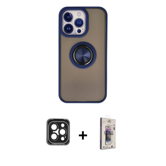 MARSİLYAN™- iPhone 15 Pro Max Kılıf Yörünge Çizgi - Siyah Bilvis 3D Cam Ekran Koruyucu + PVD Metal Kamera Lens - SH