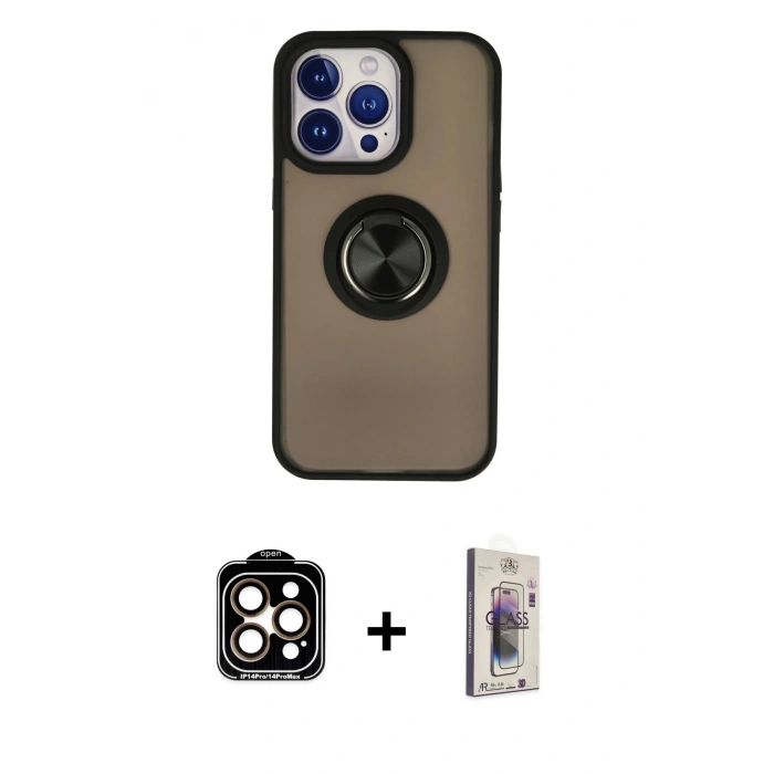 MARSİLYAN™- iPhone 15 Pro Max Kılıf Yörünge Çizgi - Siyah Bilvis 3D Cam Ekran Koruyucu + PVD Metal Kamera Lens - TU