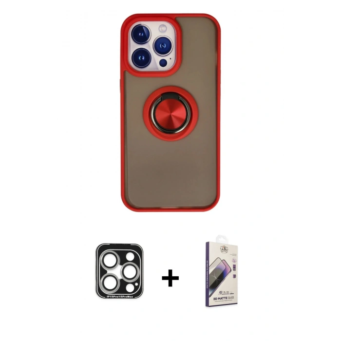 MARSİLYAN™- iPhone 15 Pro Max Kılıf Yörünge Çizgi - Siyah Bilvis 3D Mat Cam Ekran Koruyucu + PVD Metal Kamera Lens - GS
