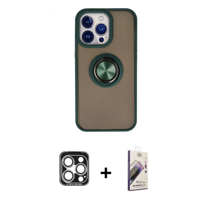 MARSİLYAN™- iPhone 15 Pro Max Kılıf Yörünge Çizgi - Siyah Bilvis 3D Mat Cam Ekran Koruyucu + PVD Metal Kamera Lens - GS