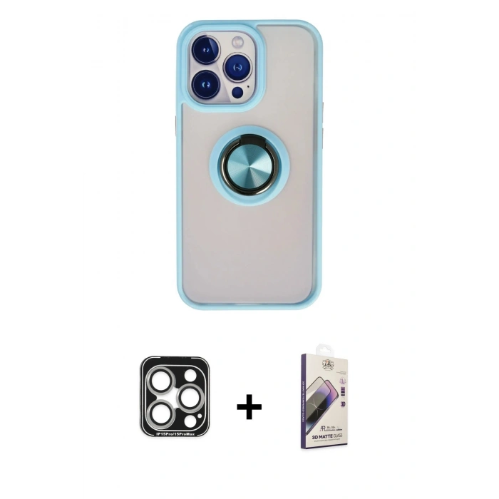 MARSİLYAN™- iPhone 15 Pro Max Kılıf Yörünge Çizgi - Siyah Bilvis 3D Mat Cam Ekran Koruyucu + PVD Metal Kamera Lens - GS