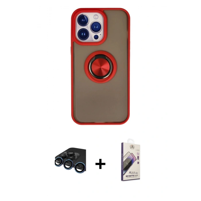 MARSİLYAN™- iPhone 15 Pro Max Kılıf Yörünge Çizgi - Siyah Bilvis 3D Mat Cam Ekran Koruyucu + Raze Metal Kamera Lens - LT