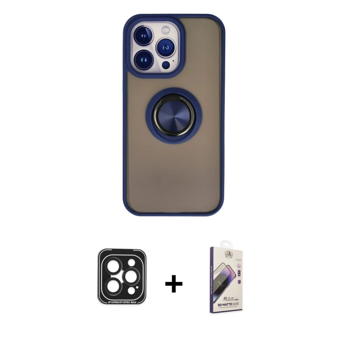 MARSİLYAN™- iPhone 15 Pro Max Kılıf Yörünge Çizgi - Siyah Bilvis 3D Mat Cam Ekran Koruyucu + PVD Metal Kamera Lens - SH