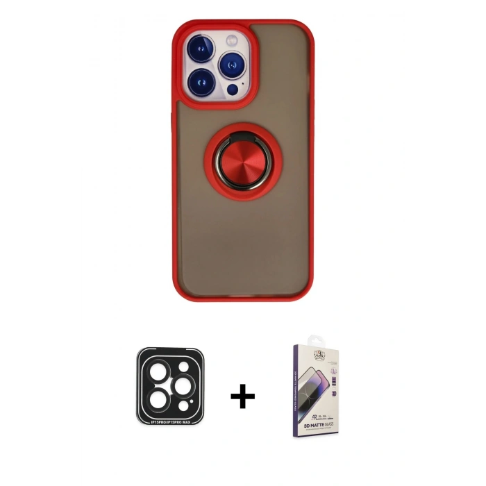 MARSİLYAN™- iPhone 15 Pro Max Kılıf Yörünge Çizgi - Siyah Bilvis 3D Mat Cam Ekran Koruyucu + PVD Metal Kamera Lens - SH