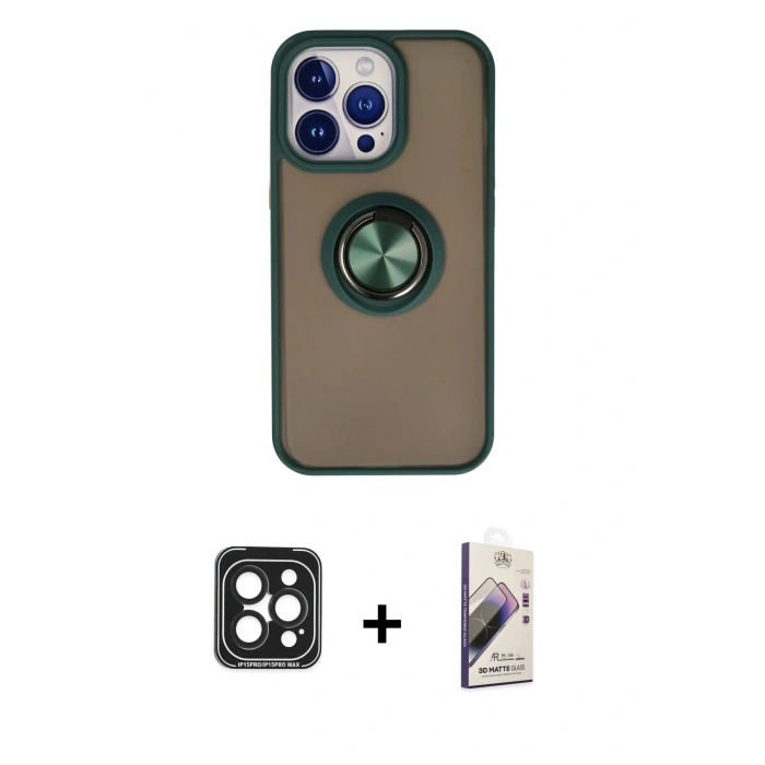 MARSİLYAN™- iPhone 15 Pro Max Kılıf Yörünge Çizgi - Siyah Bilvis 3D Mat Cam Ekran Koruyucu + PVD Metal Kamera Lens - SH