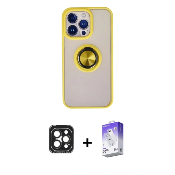 MARSİLYAN™- iPhone 15 Pro Max Kılıf Yörünge Çizgi - Siyah Bilvis 5in1 3D Magic Cam Ekran Koruyucu + PVD Metal Kamera Lens - SH