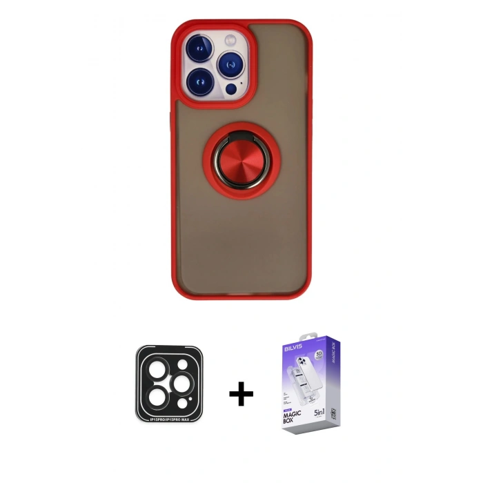 MARSİLYAN™- iPhone 15 Pro Max Kılıf Yörünge Çizgi - Siyah Bilvis 5in1 3D Magic Cam Ekran Koruyucu + PVD Metal Kamera Lens - SH