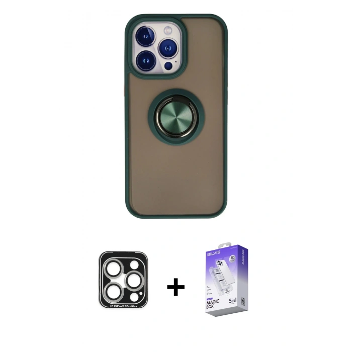 MARSİLYAN™- iPhone 15 Pro Max Kılıf Yörünge Çizgi - Siyah Bilvis 5in1 3D Magic Cam Ekran Koruyucu + PVD Metal Kamera Lens - GS
