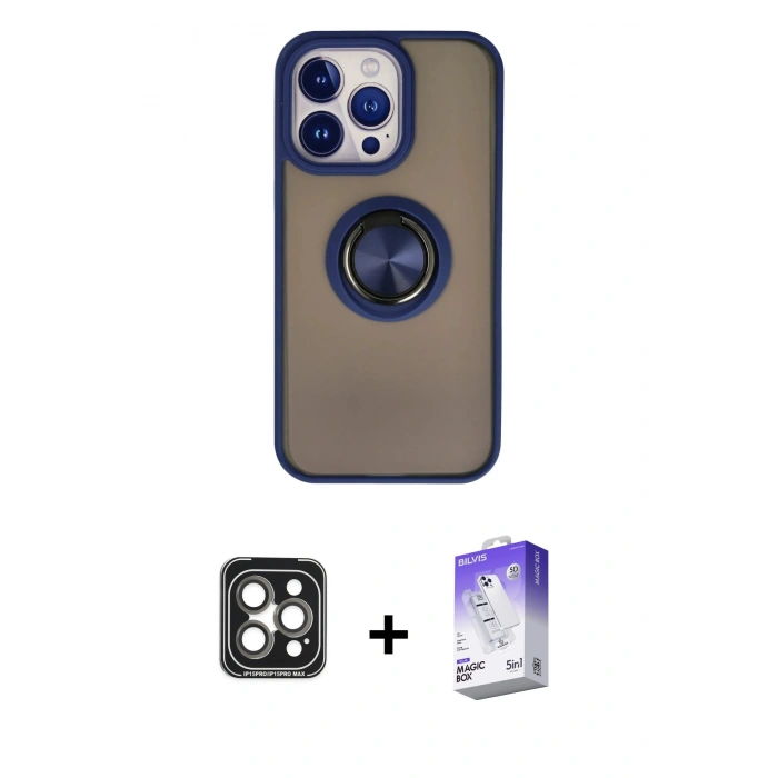 MARSİLYAN™- iPhone 15 Pro Max Kılıf Yörünge Çizgi - Siyah Bilvis 5in1 3D Magic Cam Ekran Koruyucu + PVD Metal Kamera Lens - GI