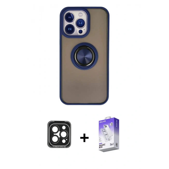 MARSİLYAN™- iPhone 15 Pro Max Kılıf Yörünge Çizgi - Siyah Bilvis 5in1 3D Magic Cam Ekran Koruyucu + PVD Metal Kamera Lens - SH