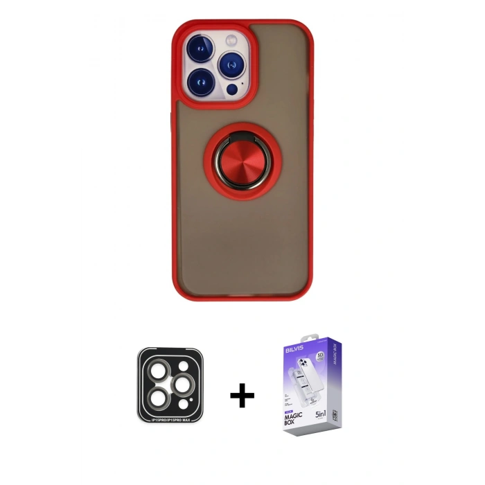 MARSİLYAN™- iPhone 15 Pro Max Kılıf Yörünge Çizgi - Siyah Bilvis 5in1 3D Magic Cam Ekran Koruyucu + PVD Metal Kamera Lens - GI