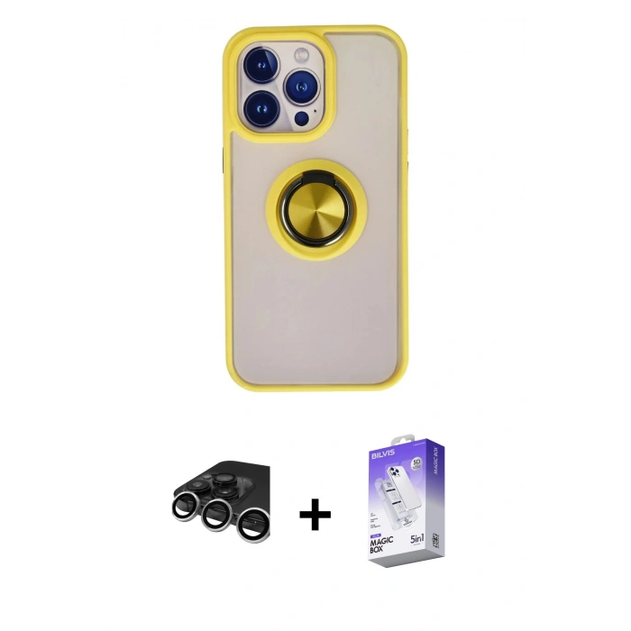 MARSİLYAN™- iPhone 15 Pro Max Kılıf Yörünge Çizgi - Siyah Bilvis 5in1 3D Magic Cam Ekran Koruyucu + Raze Metal Kamera Lens - GS