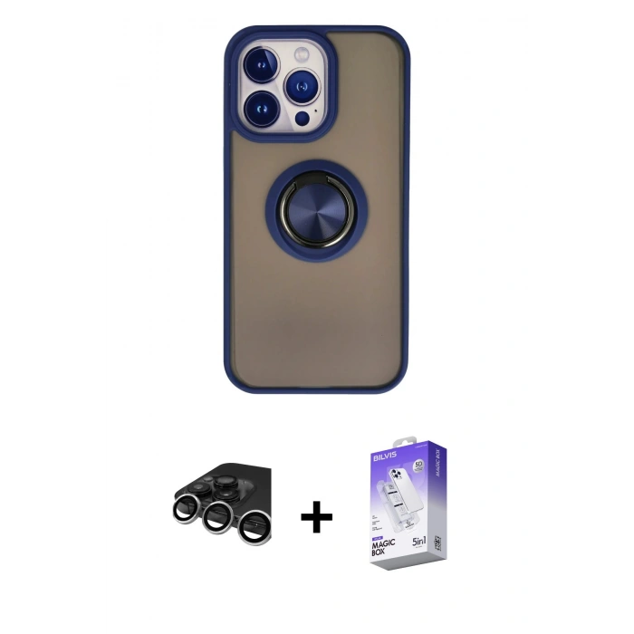 MARSİLYAN™- iPhone 15 Pro Max Kılıf Yörünge Çizgi - Siyah Bilvis 5in1 3D Magic Cam Ekran Koruyucu + Raze Metal Kamera Lens - GS