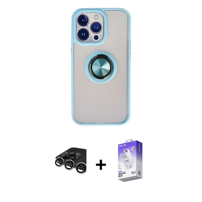 MARSİLYAN™- iPhone 15 Pro Max Kılıf Yörünge Çizgi - Siyah Bilvis 5in1 3D Magic Cam Ekran Koruyucu + Raze Metal Kamera Lens - GS