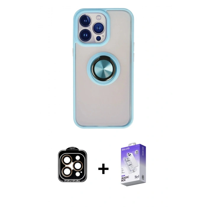 MARSİLYAN™- iPhone 15 Pro Max Kılıf Yörünge Çizgi - Siyah Bilvis 5in1 3D Magic Cam Ekran Koruyucu + Turuncu PVD Metal Kamera Lens