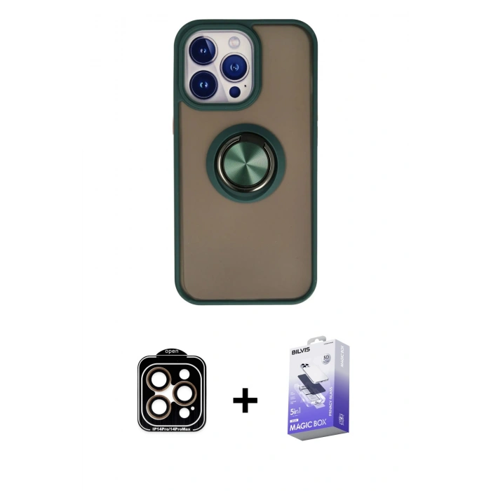 MARSİLYAN™- iPhone 15 Pro Max Kılıf Yörünge Çizgi - Siyah Bilvis 5in1 5D Magic Hayalet Cam Ekran Koruyucu + PVD Metal Kamera Lens - TU