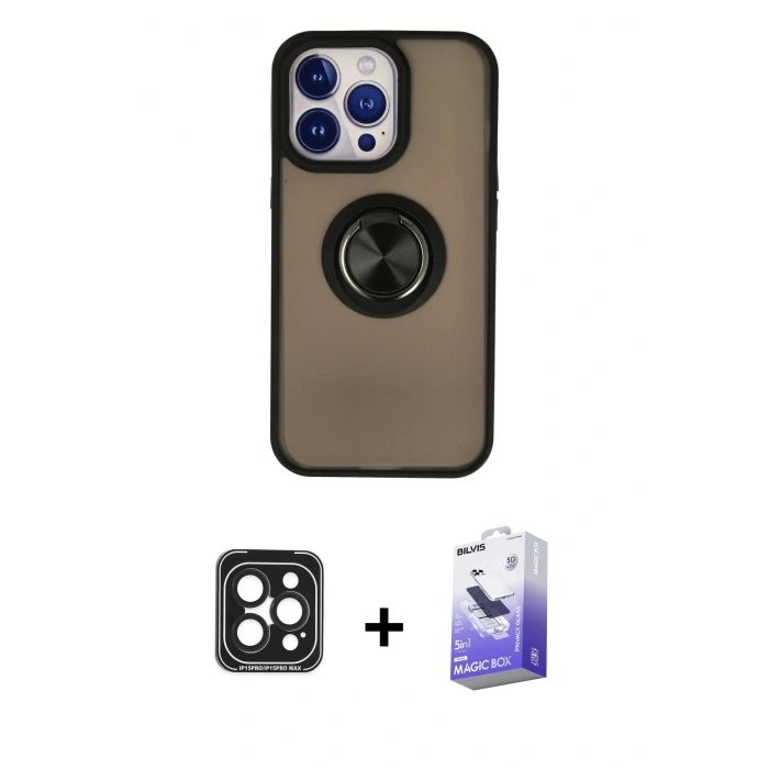 MARSİLYAN™- iPhone 15 Pro Max Kılıf Yörünge Çizgi - Siyah Bilvis 5in1 5D Magic Hayalet Cam Ekran Koruyucu + PVD Metal Kamera Lens - SH