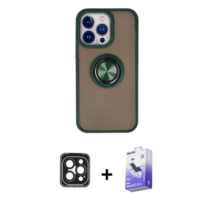 MARSİLYAN™- iPhone 15 Pro Max Kılıf Yörünge Çizgi - Siyah Bilvis 5in1 5D Magic Hayalet Cam Ekran Koruyucu + PVD Metal Kamera Lens - SH