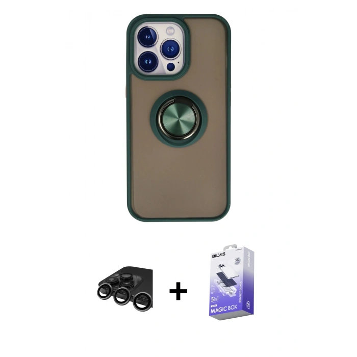 MARSİLYAN™- iPhone 15 Pro Max Kılıf Yörünge Çizgi - Siyah Bilvis 5in1 5D Magic Hayalet Cam Ekran Koruyucu + Raze Metal Kamera Lens - TMGI