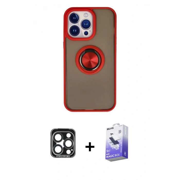 MARSİLYAN™- iPhone 15 Pro Max Kılıf Yörünge Çizgi - Siyah Bilvis 5in1 5D Magic Hayalet Cam Ekran Koruyucu + PVD Metal Kamera Lens - LT