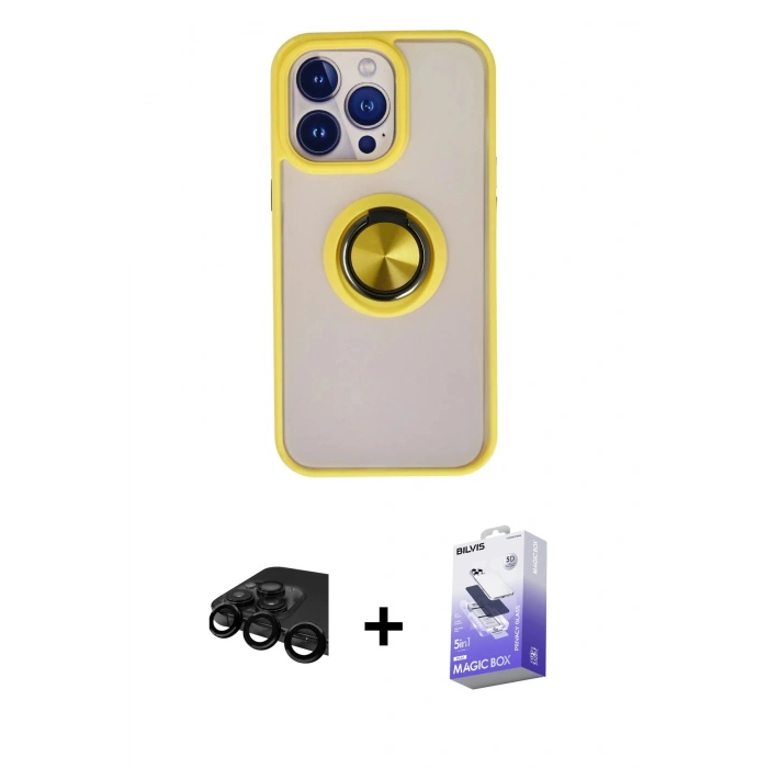 MARSİLYAN™- iPhone 15 Pro Max Kılıf Yörünge Çizgi - Siyah Bilvis 5in1 5D Magic Hayalet Cam Ekran Koruyucu + Raze Metal Kamera Lens - SH
