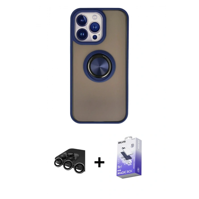MARSİLYAN™- iPhone 15 Pro Max Kılıf Yörünge Çizgi - Siyah Bilvis 5in1 5D Magic Hayalet Cam Ekran Koruyucu + Raze Metal Kamera Lens - TMGI