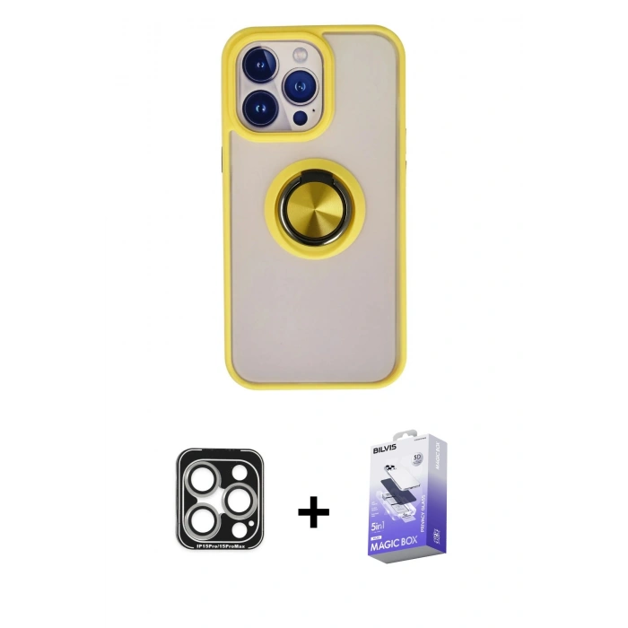 MARSİLYAN™- iPhone 15 Pro Max Kılıf Yörünge Çizgi - Siyah Bilvis 5in1 5D Magic Hayalet Cam Ekran Koruyucu + PVD Metal Kamera Lens - GS