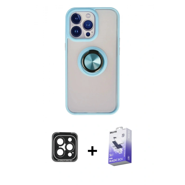 MARSİLYAN™- iPhone 15 Pro Max Kılıf Yörünge Çizgi - Siyah Bilvis 5in1 5D Magic Hayalet Cam Ekran Koruyucu + PVD Metal Kamera Lens - SH