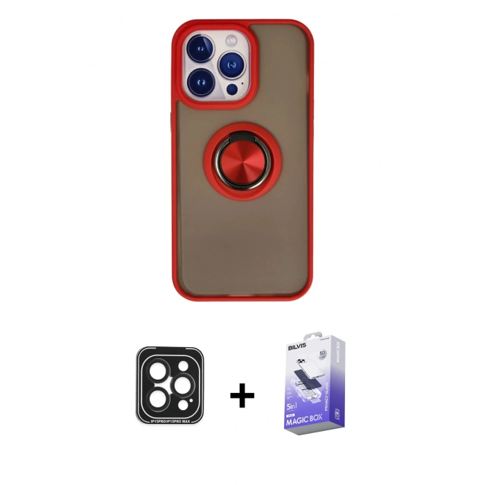 MARSİLYAN™- iPhone 15 Pro Max Kılıf Yörünge Çizgi - Siyah Bilvis 5in1 5D Magic Hayalet Cam Ekran Koruyucu + PVD Metal Kamera Lens - SH