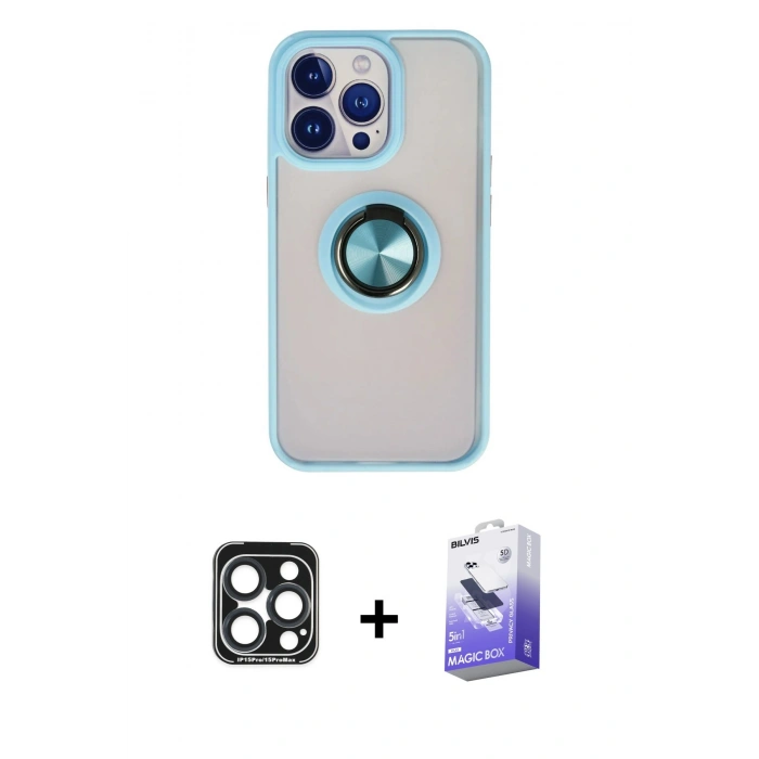MARSİLYAN™- iPhone 15 Pro Max Kılıf Yörünge Çizgi - Siyah Bilvis 5in1 5D Magic Hayalet Cam Ekran Koruyucu + PVD Metal Kamera Lens - LT