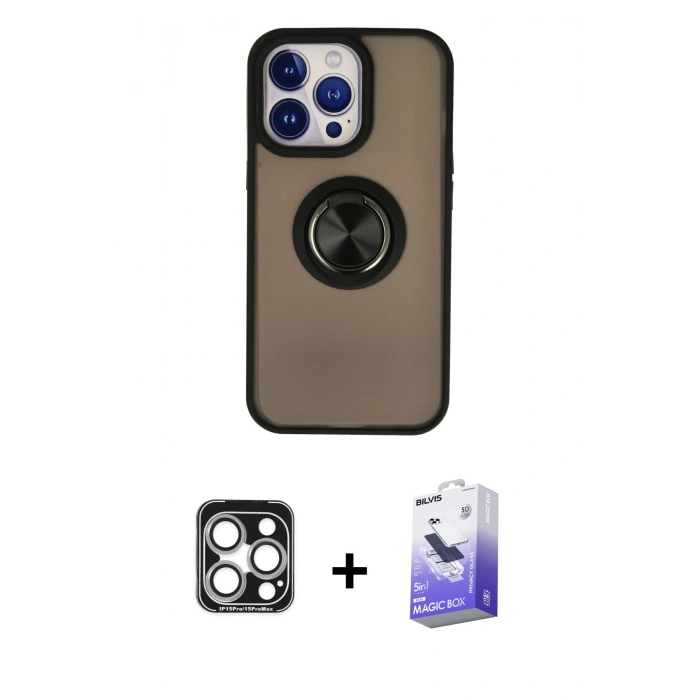 MARSİLYAN™- iPhone 15 Pro Max Kılıf Yörünge Çizgi - Siyah Bilvis 5in1 5D Magic Hayalet Cam Ekran Koruyucu + PVD Metal Kamera Lens - GS