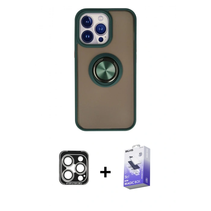 MARSİLYAN™- iPhone 15 Pro Max Kılıf Yörünge Çizgi - Siyah Bilvis 5in1 5D Magic Hayalet Cam Ekran Koruyucu + PVD Metal Kamera Lens - GS