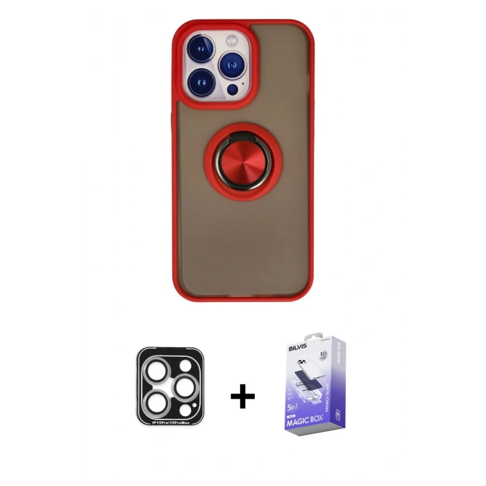 MARSİLYAN™- iPhone 15 Pro Max Kılıf Yörünge Çizgi - Siyah Bilvis 5in1 5D Magic Hayalet Cam Ekran Koruyucu + PVD Metal Kamera Lens - GS