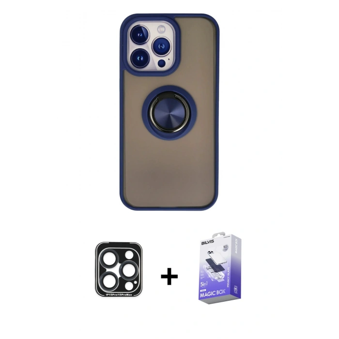 MARSİLYAN™- iPhone 15 Pro Max Kılıf Yörünge Çizgi - Siyah Bilvis 5in1 5D Magic Hayalet Cam Ekran Koruyucu + PVD Metal Kamera Lens - LT