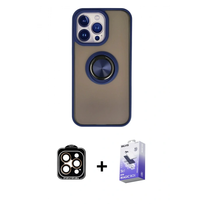 MARSİLYAN™- iPhone 15 Pro Max Kılıf Yörünge Çizgi - Siyah Bilvis 5in1 5D Magic Hayalet Cam Ekran Koruyucu + PVD Metal Kamera Lens - TU