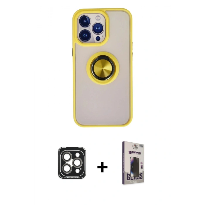 MARSİLYAN™- iPhone 15 Pro Max Kılıf Yörünge Çizgi - Siyah Bilvis Hayalet Cam Ekran Koruyucu + PVD Metal Kamera Lens - GI