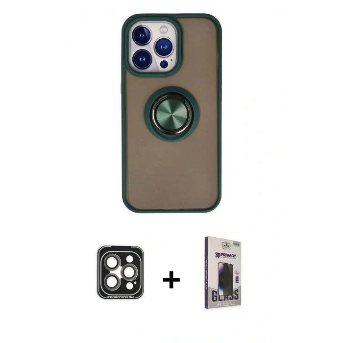 MARSİLYAN™- iPhone 15 Pro Max Kılıf Yörünge Çizgi - Siyah Bilvis Hayalet Cam Ekran Koruyucu + PVD Metal Kamera Lens - GI