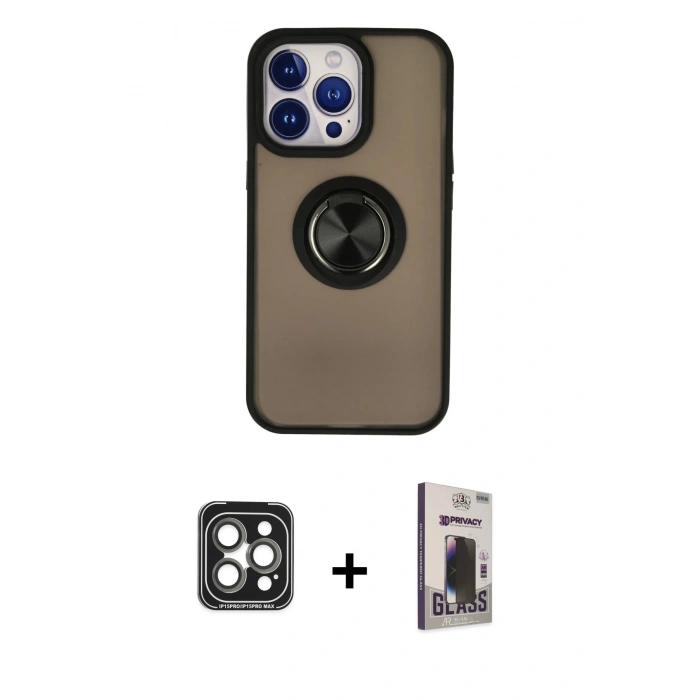 MARSİLYAN™- iPhone 15 Pro Max Kılıf Yörünge Çizgi - Siyah Bilvis Hayalet Cam Ekran Koruyucu + PVD Metal Kamera Lens - GI