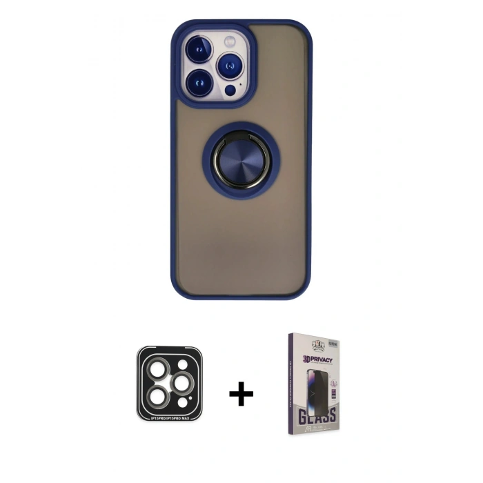 MARSİLYAN™- iPhone 15 Pro Max Kılıf Yörünge Çizgi - Siyah Bilvis Hayalet Cam Ekran Koruyucu + PVD Metal Kamera Lens - GI