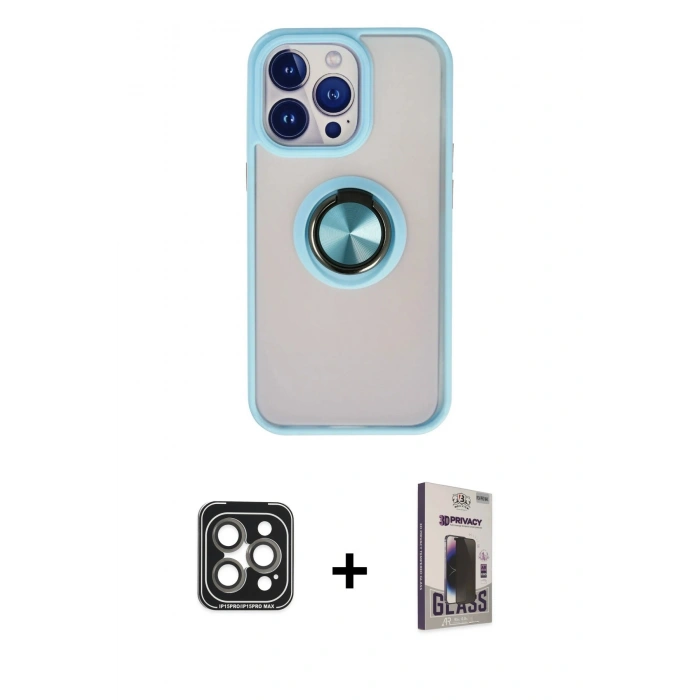 MARSİLYAN™- iPhone 15 Pro Max Kılıf Yörünge Çizgi - Siyah Bilvis Hayalet Cam Ekran Koruyucu + PVD Metal Kamera Lens - GI