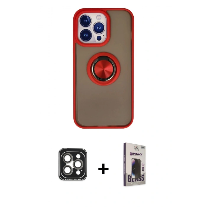MARSİLYAN™- iPhone 15 Pro Max Kılıf Yörünge Çizgi - Siyah Bilvis Hayalet Cam Ekran Koruyucu + PVD Metal Kamera Lens - GI