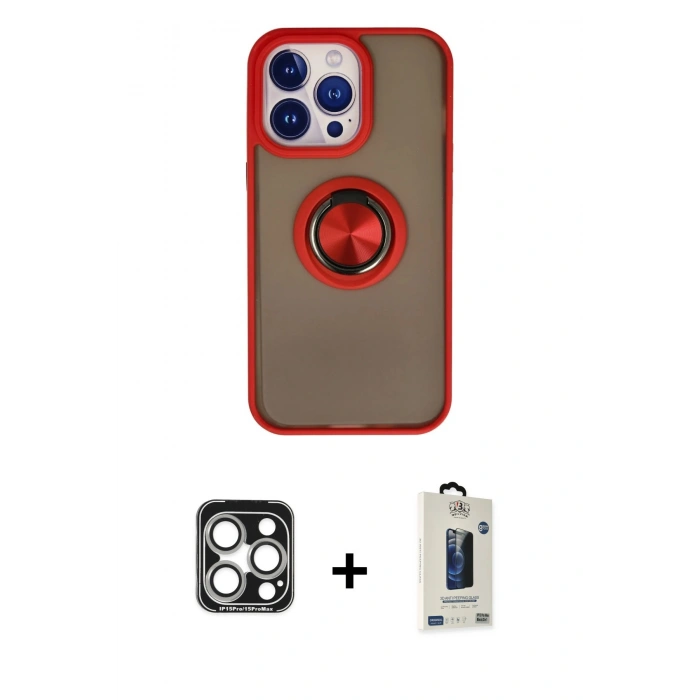 MARSİLYAN™- iPhone 15 Pro Max Kılıf Yörünge Çizgi - Siyah Bilvis Hayalet Cam Ekran Koruyucu + PVD Metal Kamera Lens - GS